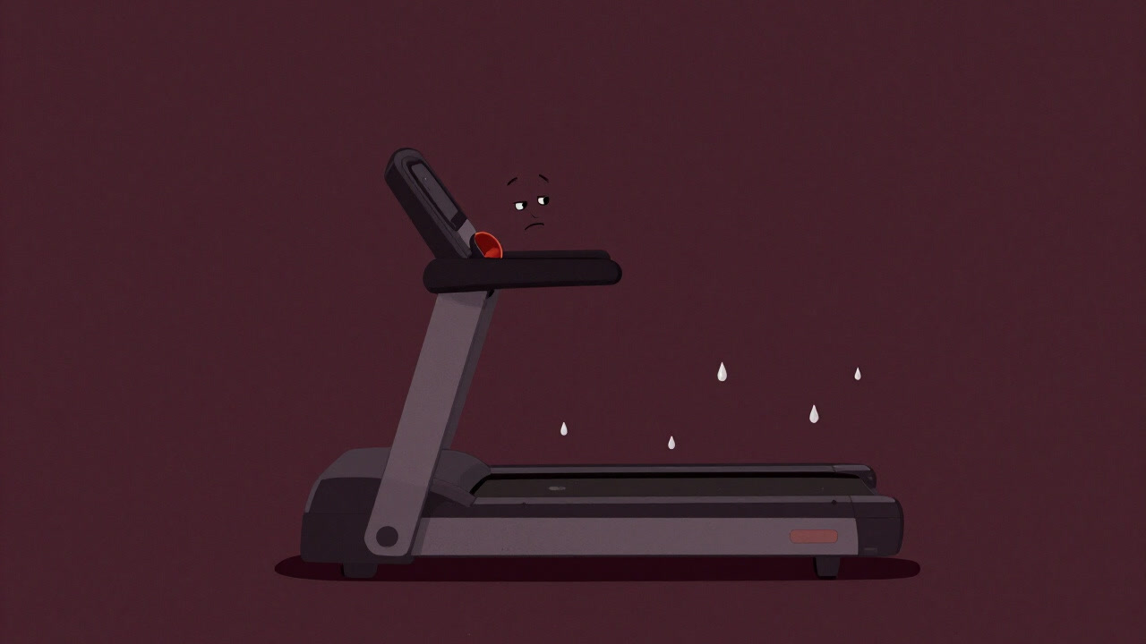 Illustration of a treadmill belt spinning endlessly, spraying sweat like a trapped device