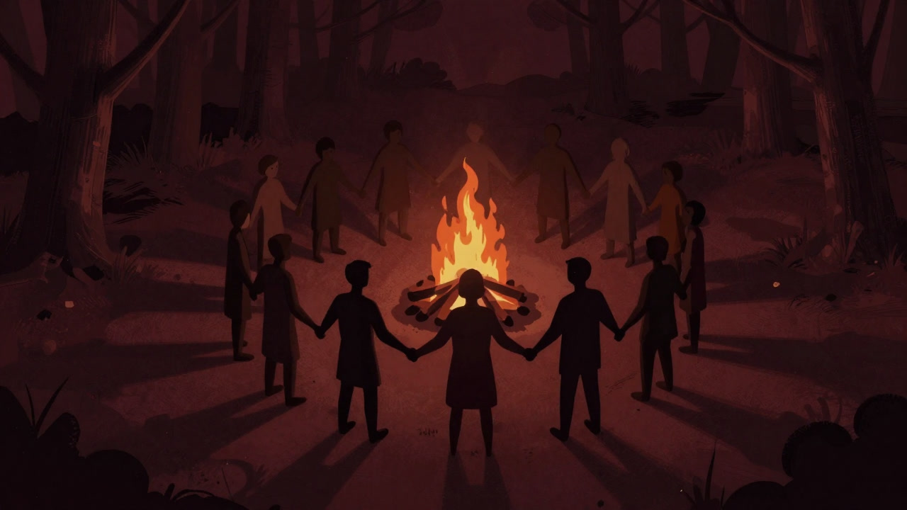 Illustration of silhouettes forming a circle around a bonfire