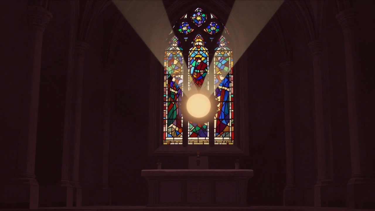 A dark church stained glass with three beams of light intersecting at the center, illuminating a mysterious glowing orb