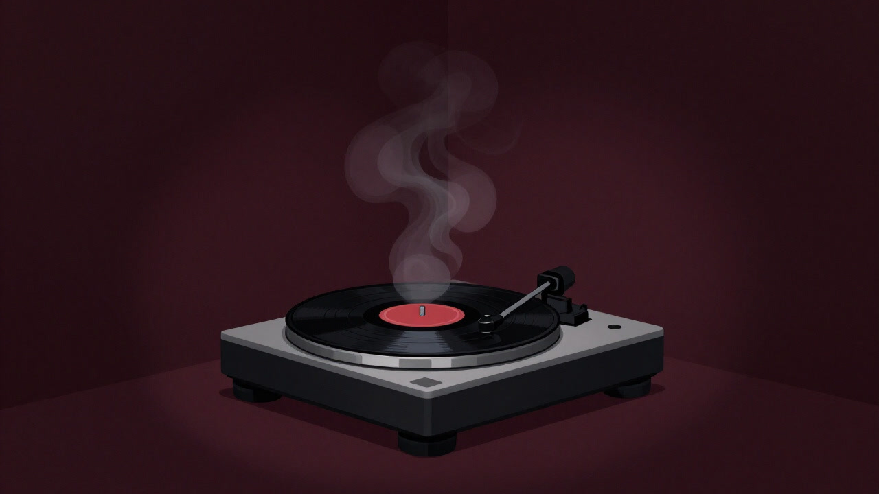Image of a vinyl record player emitting hazy waves in a dimly lit corner of a club