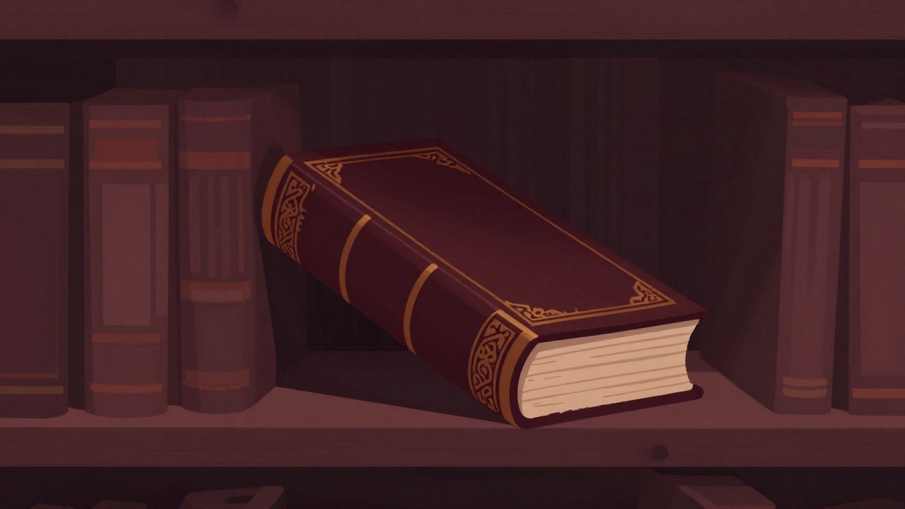 Image of an ancient scripture shelf with the Tripitaka’s binding leaning under its own weight, as if straining to hold itself.