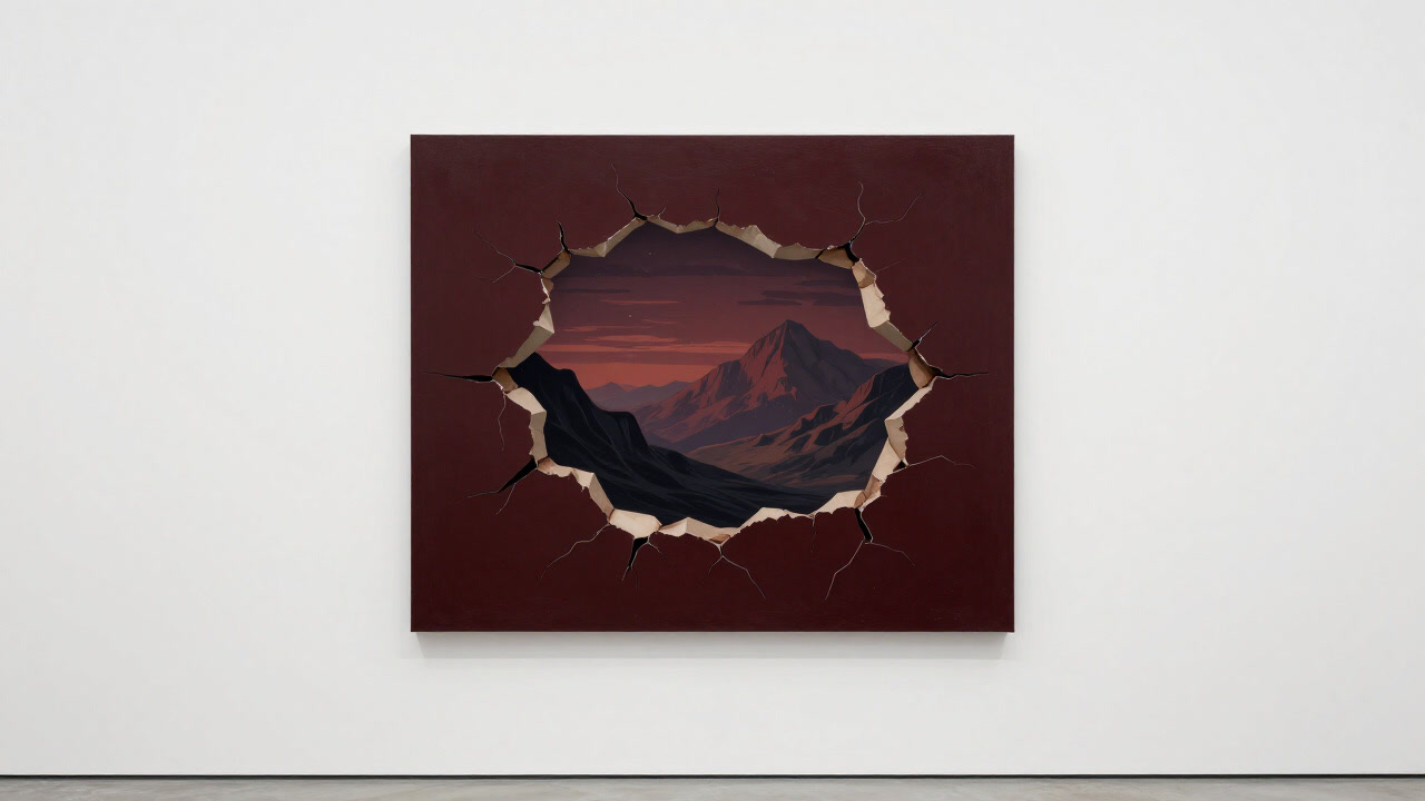 ギャラリーの白い壁に描かれた、壁を突き破って別世界が広がるトロンプルイユのイラスト