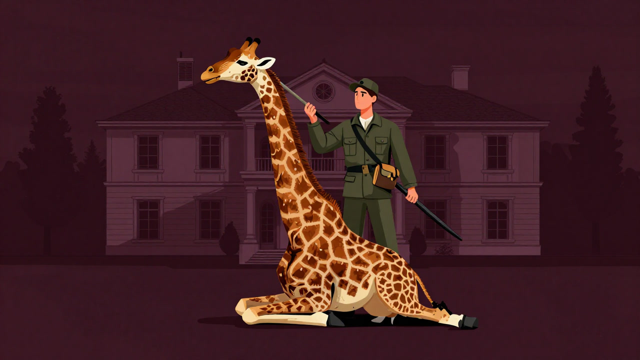 ヨーロッパ風の邸宅前で、死んだキリンをドヤ顔で並べるハンターのイラスト