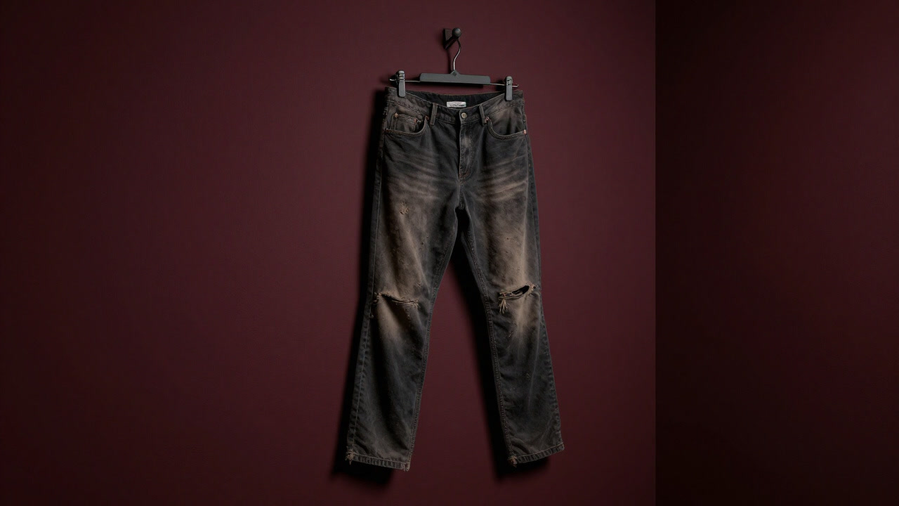 Photo of an old pair of dusty trousers hanging in a corner