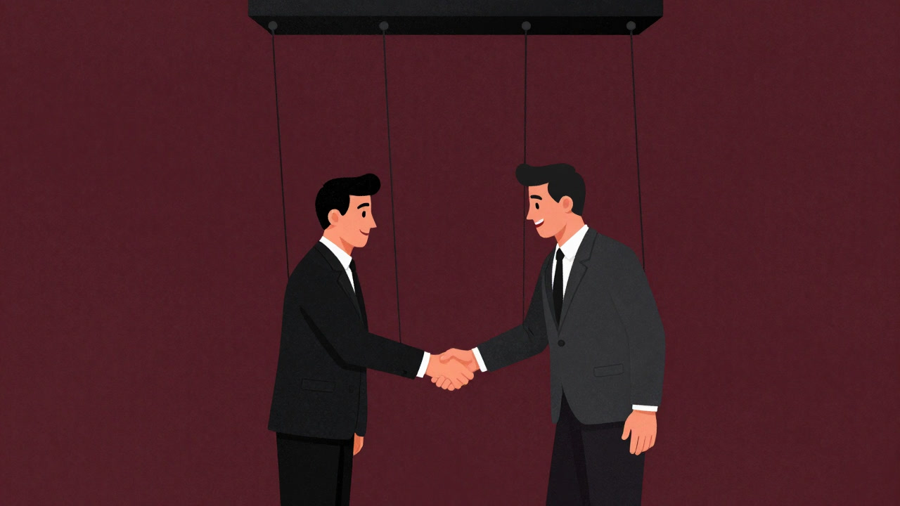 Illustration of two people shaking hands with forced smiles, controlled by strings from above