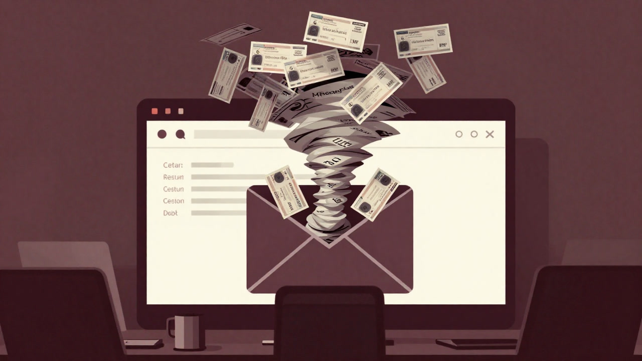 Illustration of a swirl of business cards flowing into an overflowing CC field