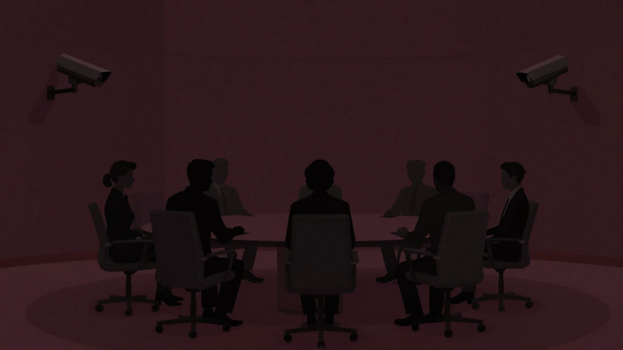 丸いテーブルを囲みながら表情を固めるビジネスマンたちのシルエット