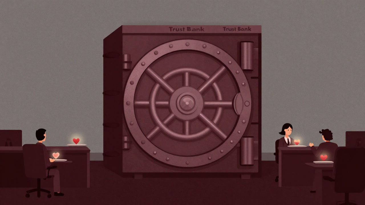 人々が小さなハートを巨大な金庫に預け入れている風刺的なイラスト
