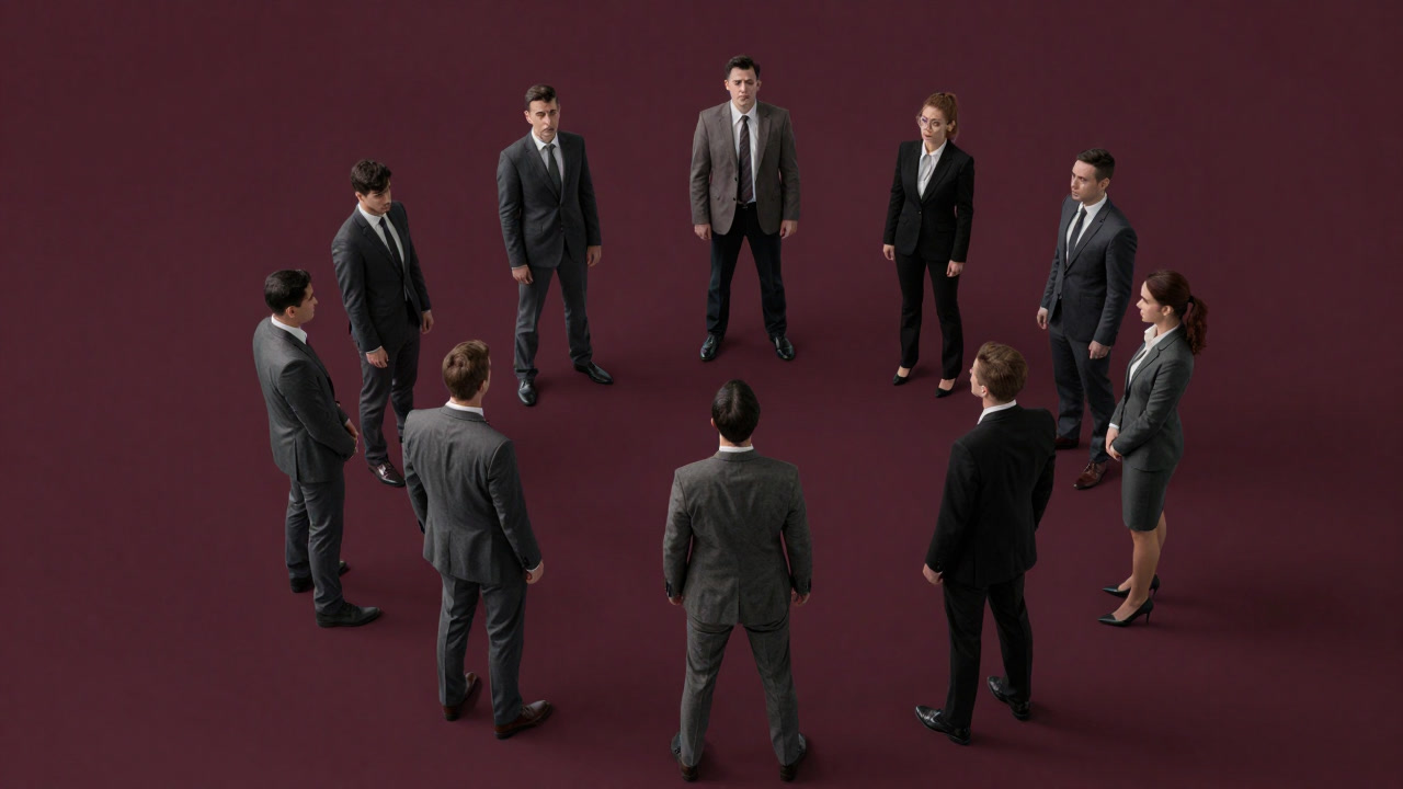 参加者が背中を預け合い不安げな表情を浮かべる研修場面の写真