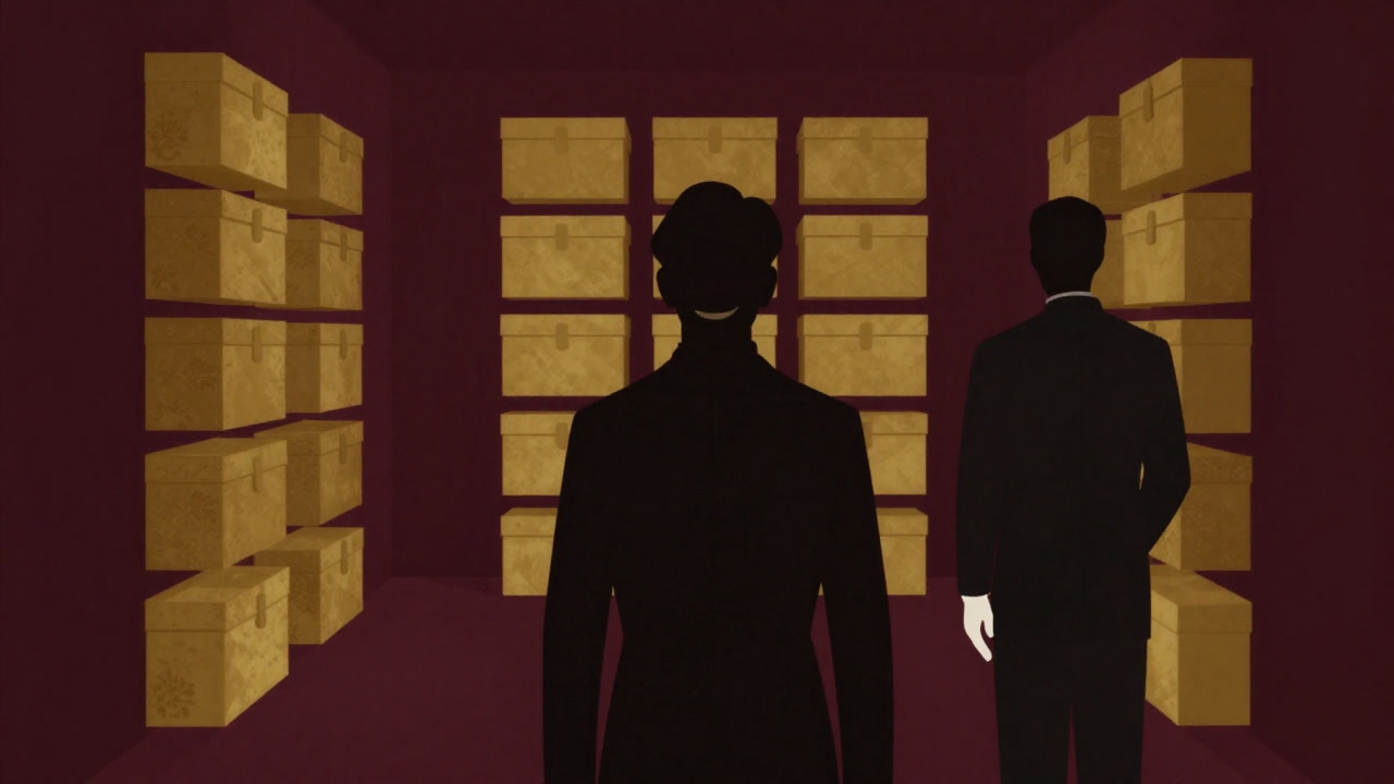 重厚な金庫室に並ぶ金の箱、その前に微笑む紳士と白い手袋をはめた執事のシルエット。