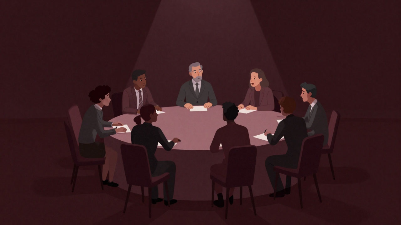 A group of people sitting around a round table, exchanging words with serious expressions