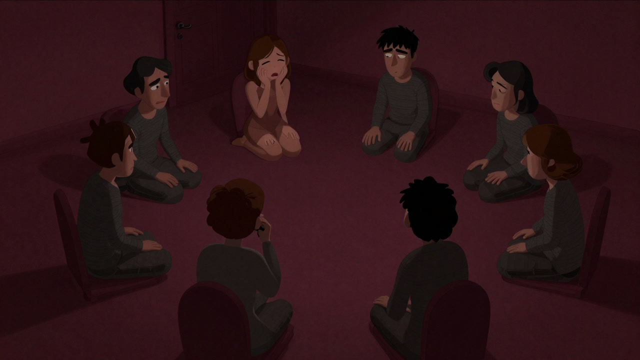 Illustration of people sitting in a dimly lit room in a circle, one person confessing something with embarrassment while others watch with sarcastic grins.