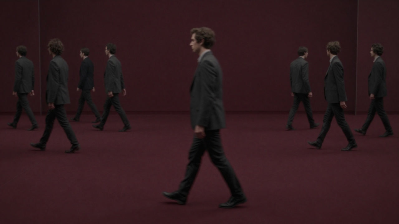 Silhouette of a person endlessly searching for their reflection in a room filled with countless mirrors.