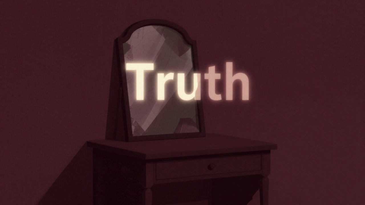 A dim study with an old, warped mirror reflecting the distorted word 'Truth'