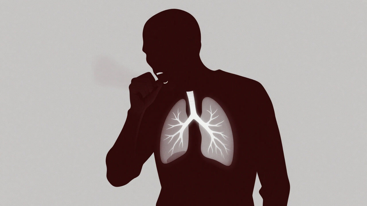 Illustration of a gaunt figure coughing with the ghostly image of white lungs looming behind them.