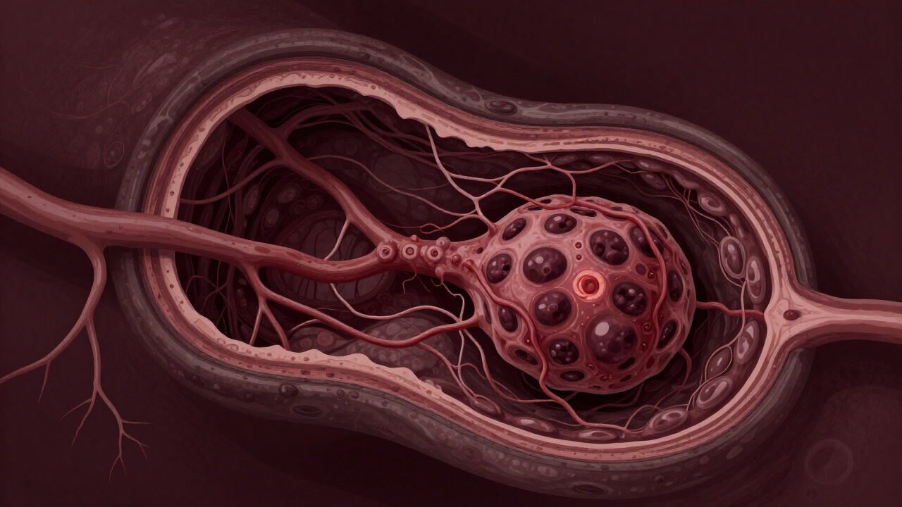 人体内部でじわじわと膨張し、周囲の組織を圧迫する腫瘍のイラスト