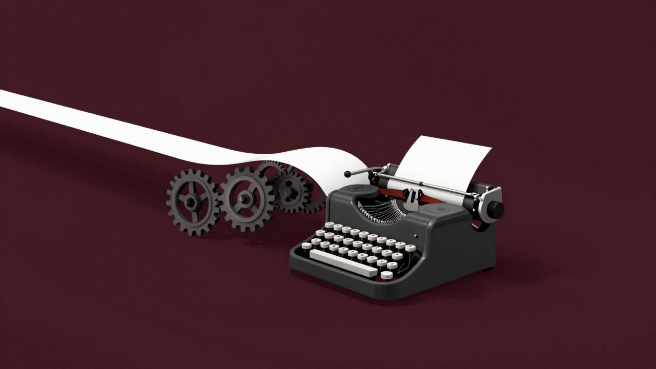 An antique typewriter reading and writing on an infinite paper tape