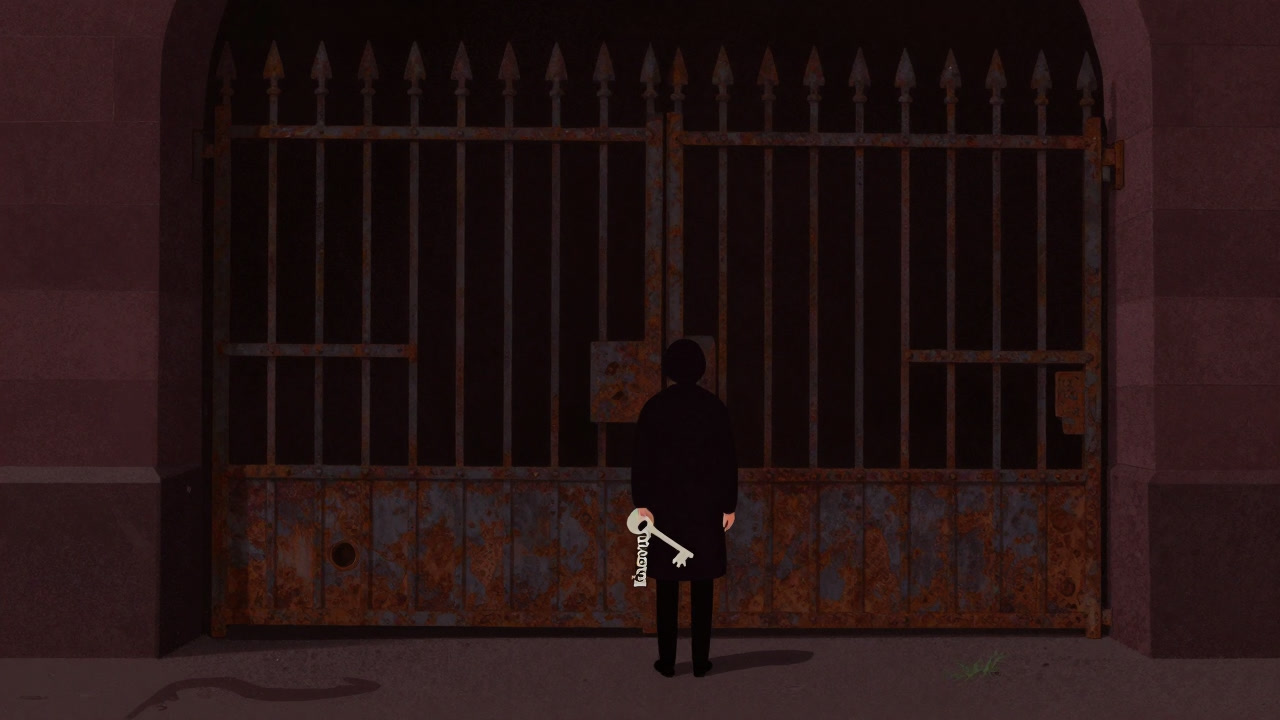 Illustration of a lone figure standing before a rusted fortress gate, holding a key engraved with 'Rejection'.