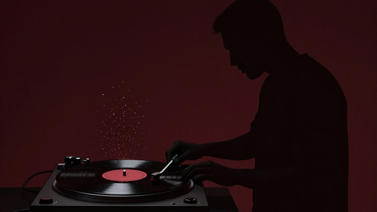 暗闇のクラブで、針がレコードを擦るたびに飛び散る小さな音の火花を見つめるシルエットのDJの画像