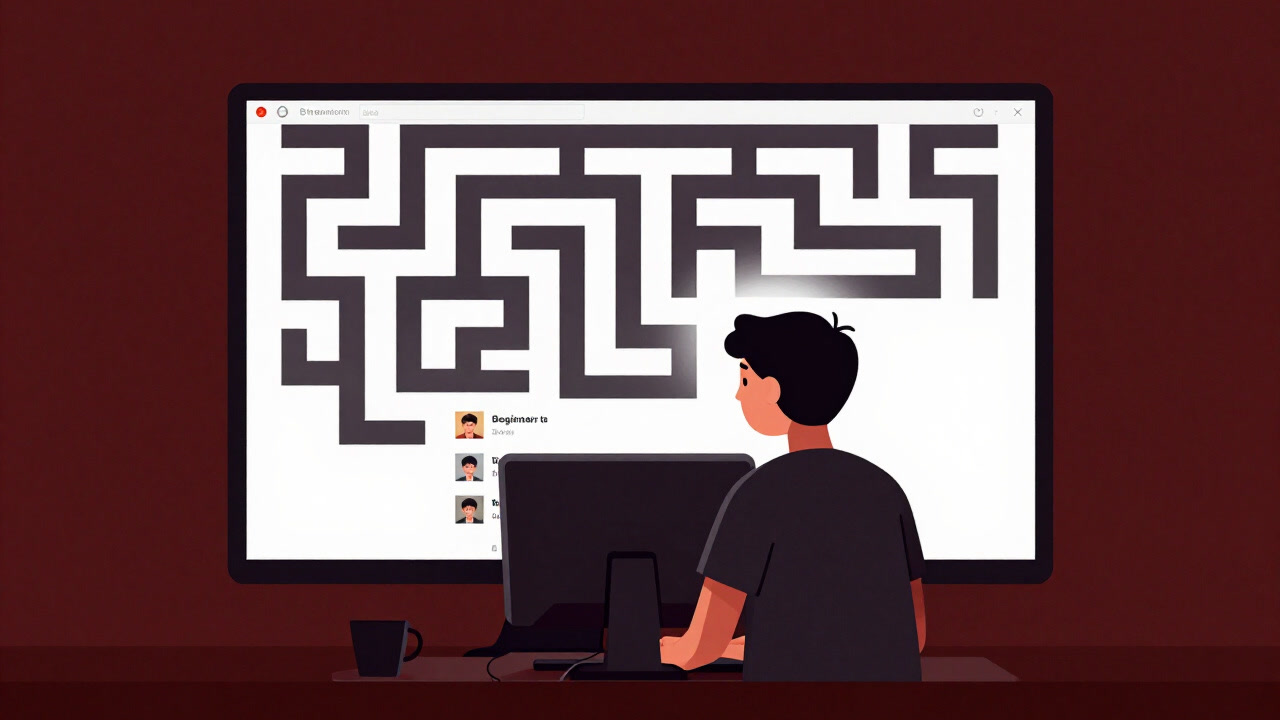 An image of a beginner staring blankly at a screen with endless maze-like steps