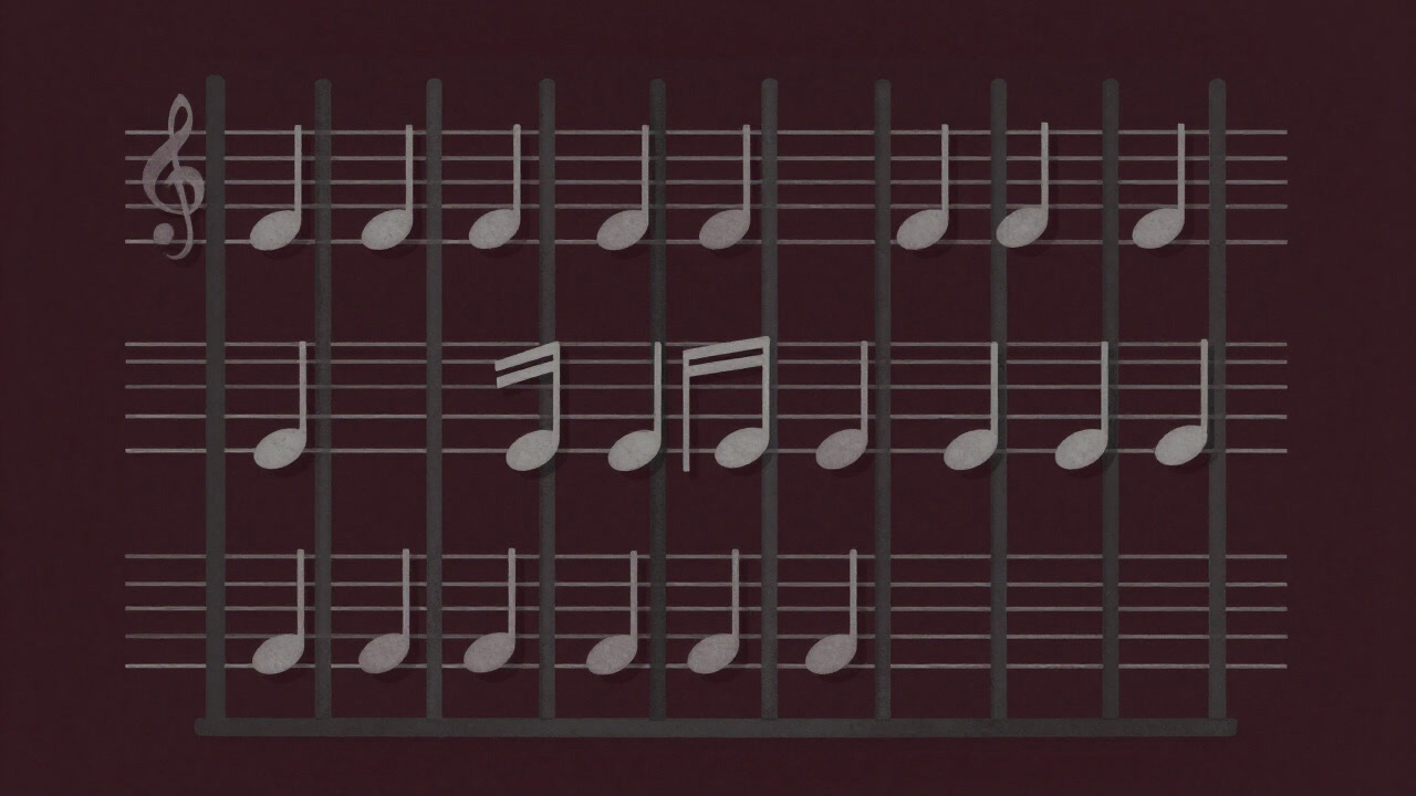 音符が格子状に並べられ、監獄の柵のように見える抽象画