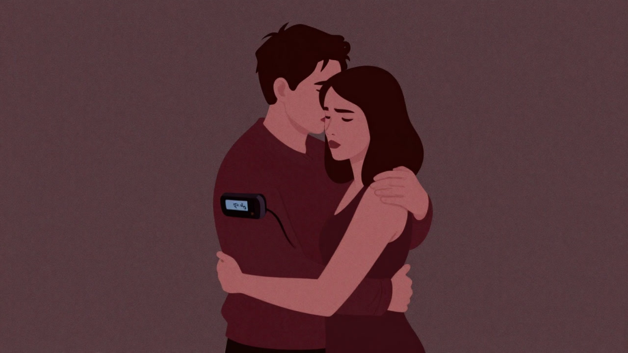 A couple awkwardly hugging while checking a wristwatch