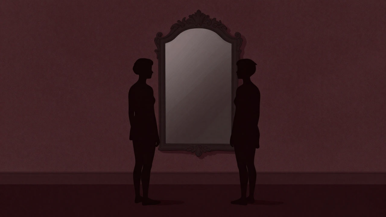 Silhouette of twins standing before a mirror, exchanging glances