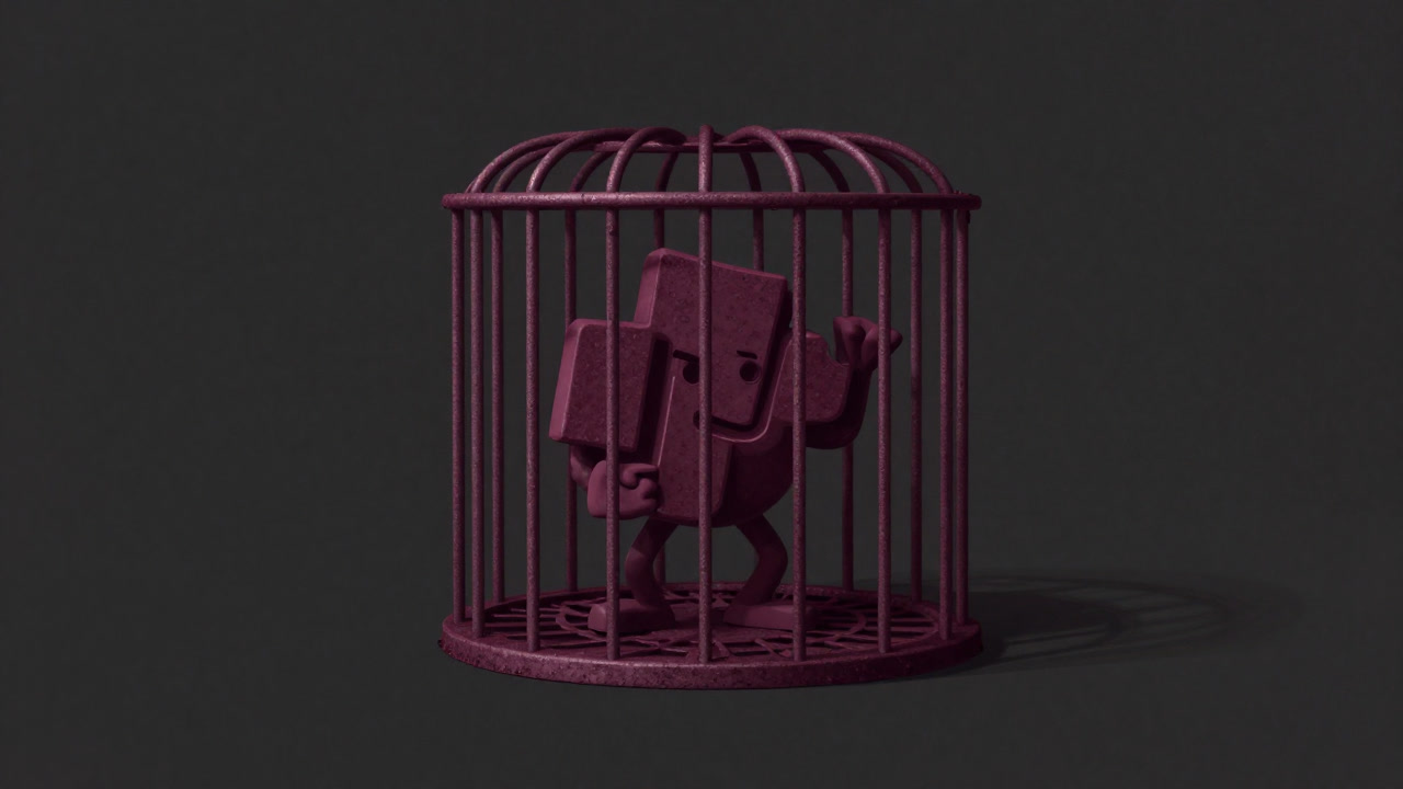 Illustration of a JavaScript character trapped inside an iron cage embossed with the TypeScript logo