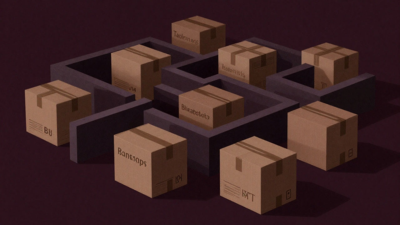 迷宮のように積まれた箱に型解釈のラベルがびっしり貼られ、陰影の中で存在を主張する姿