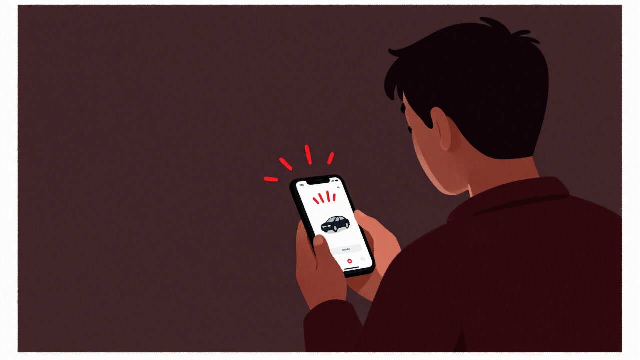 A person holding a smartphone with a blank stare waiting for a ride, with surge pricing flashing red on the screen