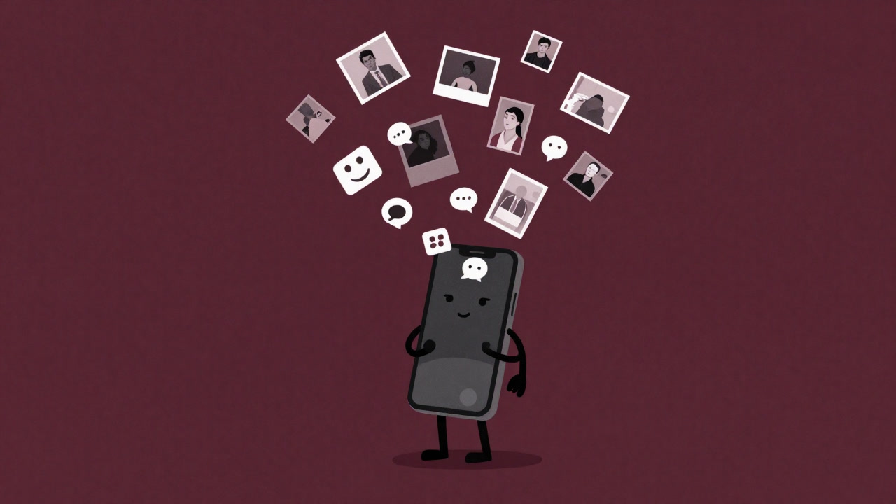 スマートフォンを囲んで無数の写真とコメントが降り注いでいるイメージ