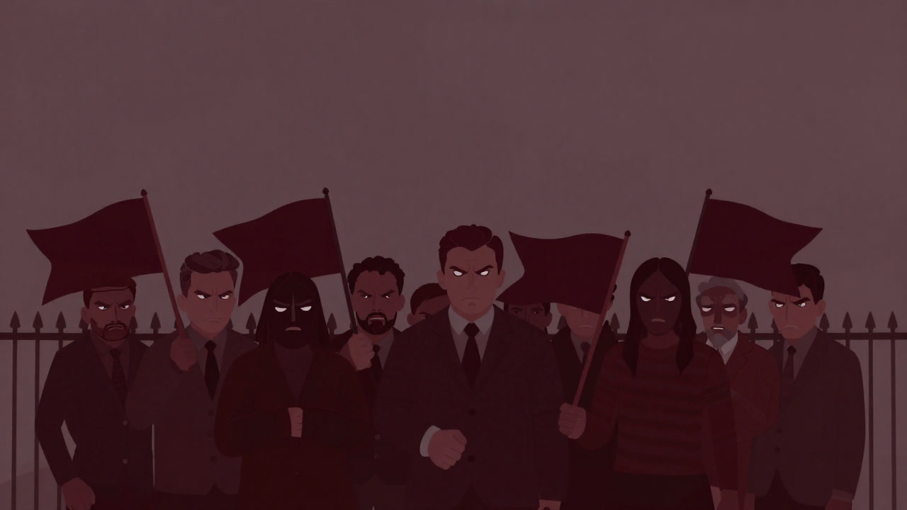 超国家主義の象徴として、国旗を強く握り締め敵意を剥き出しにする人々の群像を描いた風刺画