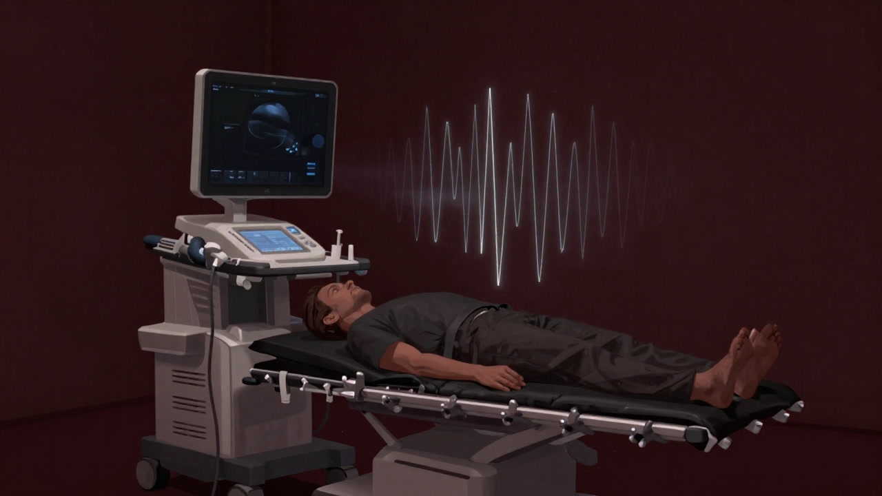 Patient lying on examination table while an ultrasound device emits waves overhead, machine sounds distorting the body in eerie light.
