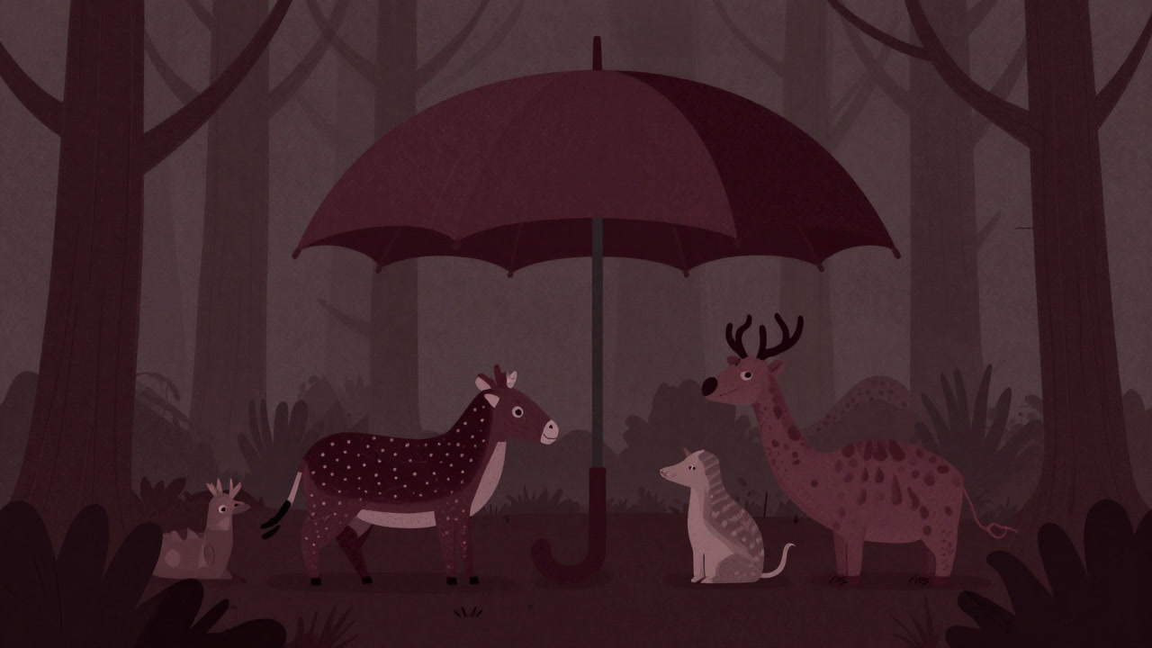 森を背景に巨大な傘の下で動物たちが集まるイラスト
