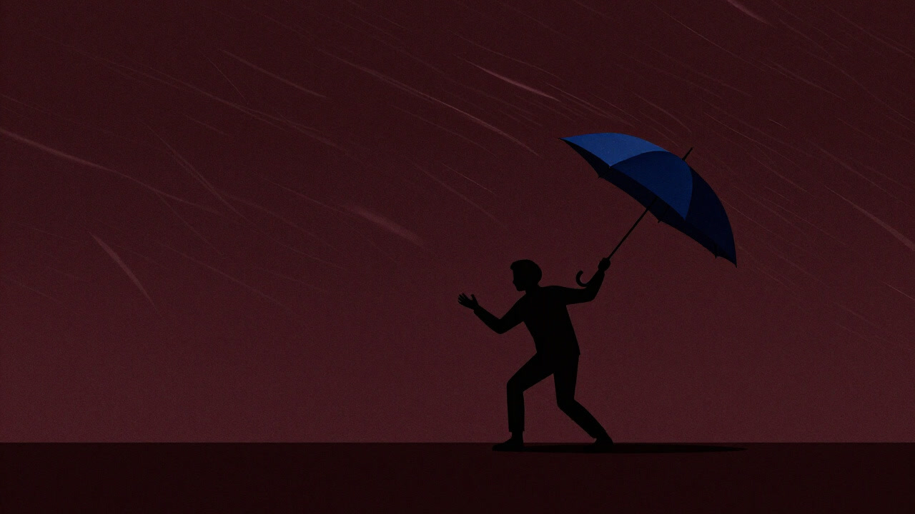 雨の中でひっくり返りそうになりながら傘を握る人のシルエット