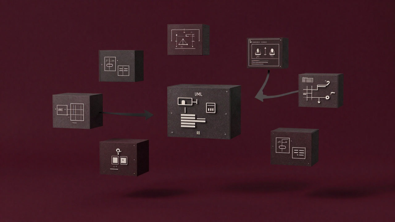 An illustration of an engineer looking up in confusion at countless floating boxes and arrows.