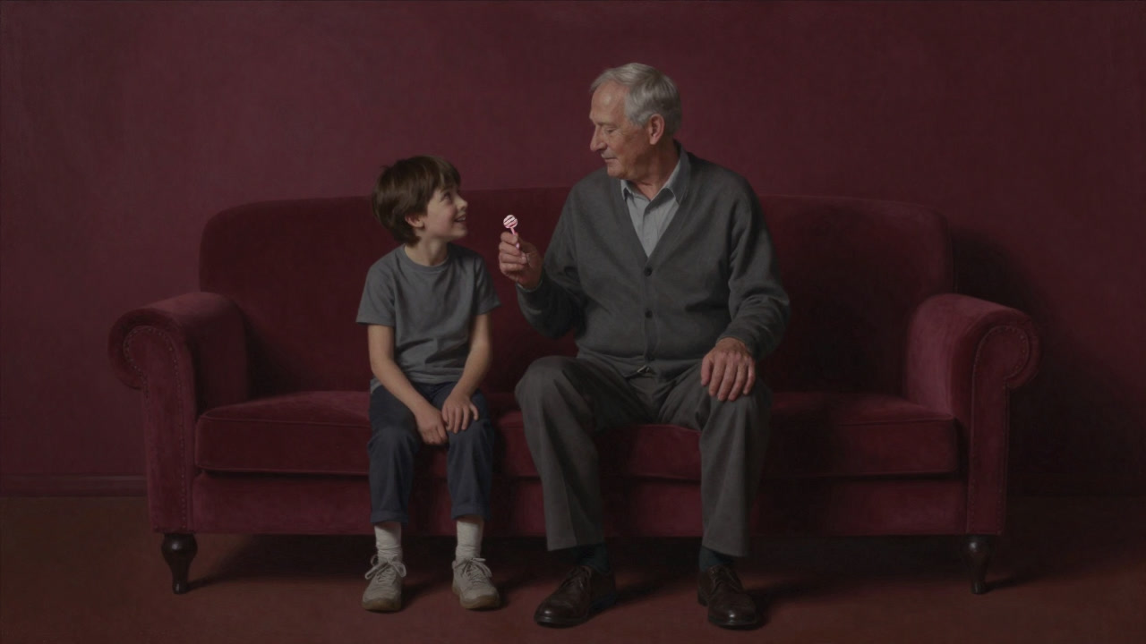 Back view of an uncle sitting in an old parlor, offering candy to a child with a mysterious smile