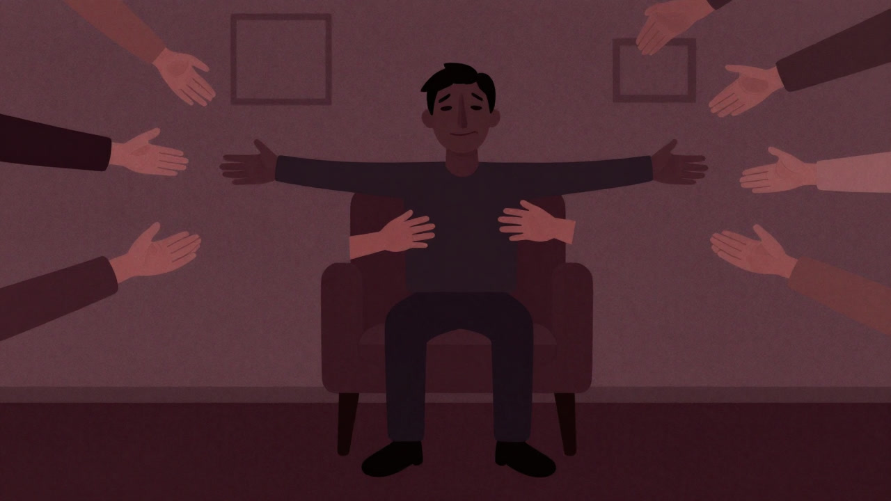 Silhouette of a therapist with a wry smile receiving endless hugging hands in a counseling room