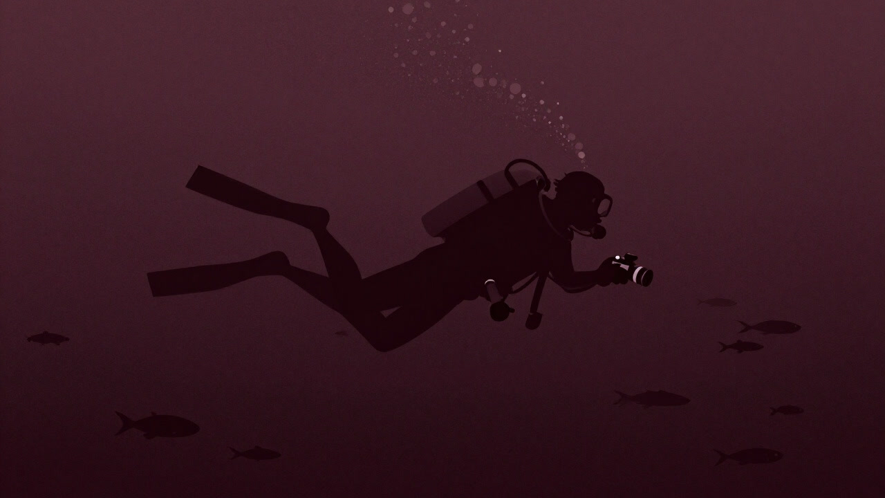 波間からカメラを構えるダイバーのシルエットが浮かび上がる水中写真のイラスト