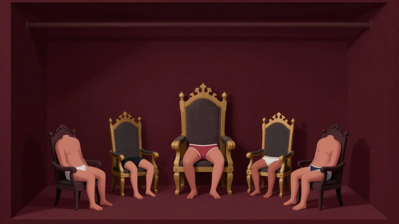 クローゼットの奥でひそかに統治する下着の世界を示すイラスト