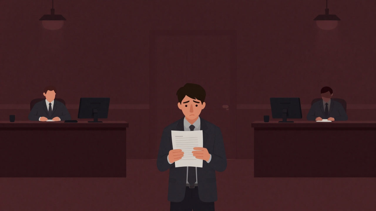 Illustration of an unemployed person holding application forms surrounded by expressionless officials in a gray office