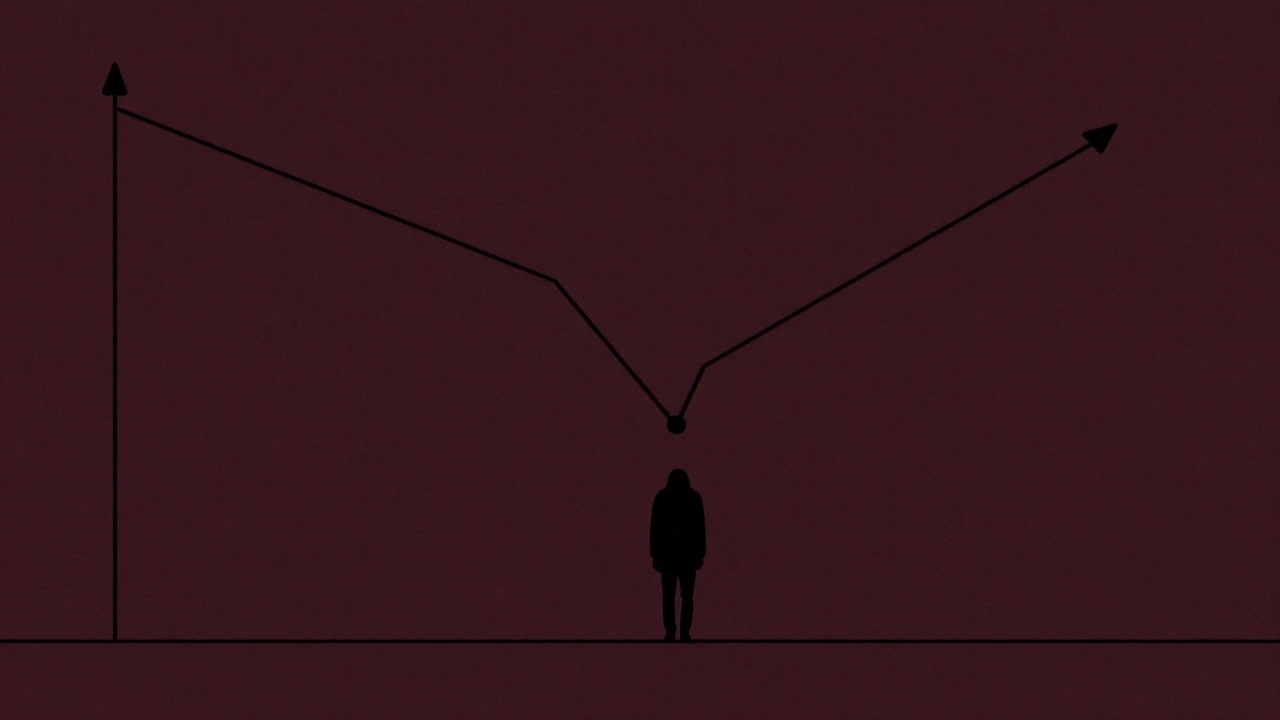 Silhouette of a despairing figure drawn small on a graph