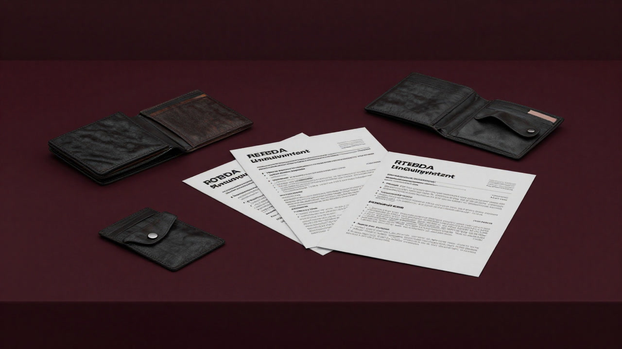 A photo of a dark desk littered with scattered resumes and an empty wallet.