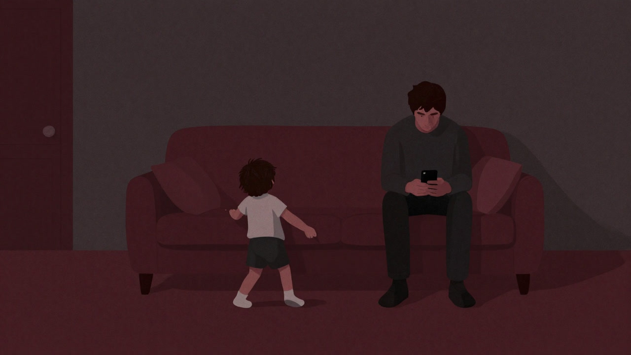 リビングに放置された子供と空っぽのソファ、親だけがスマートフォンを見つめるイラスト