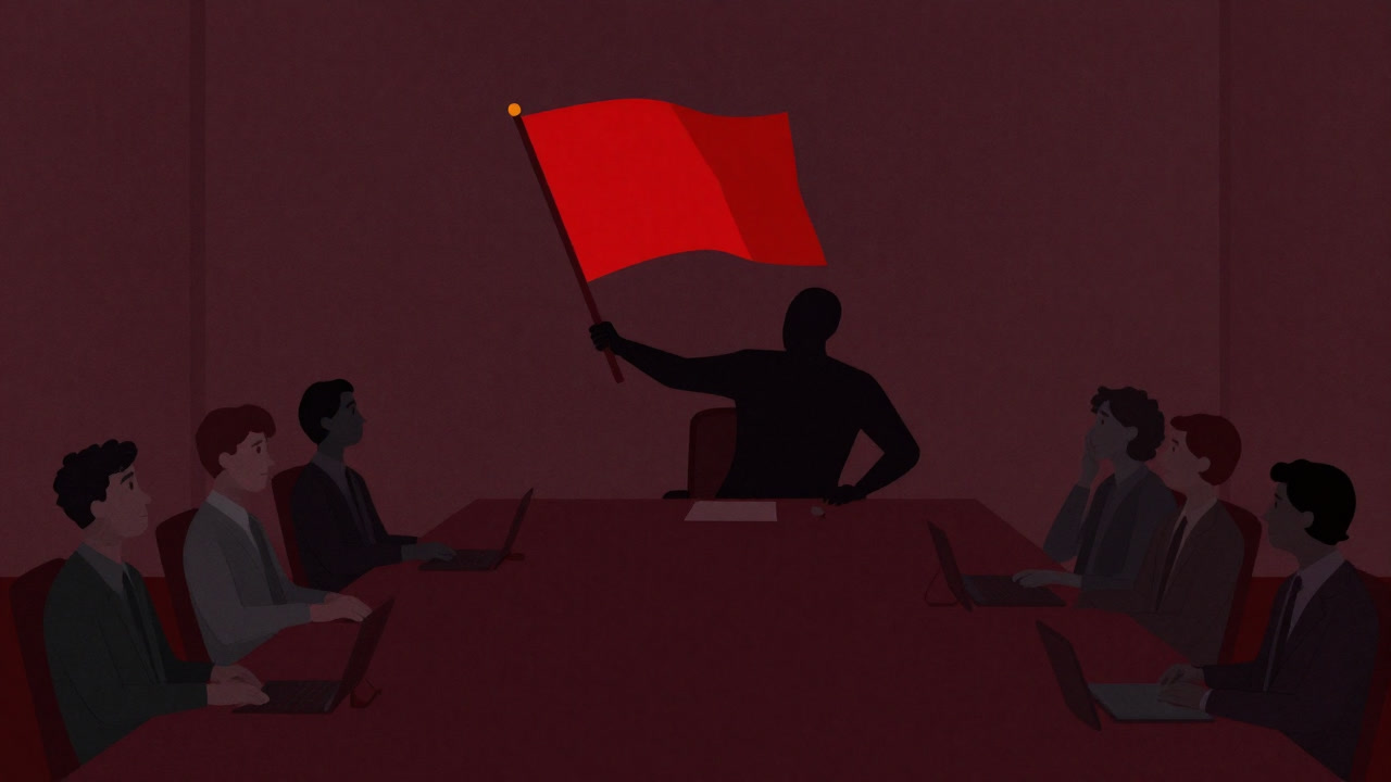 A dark boardroom where a shadowy figure snatches away a labor union flag