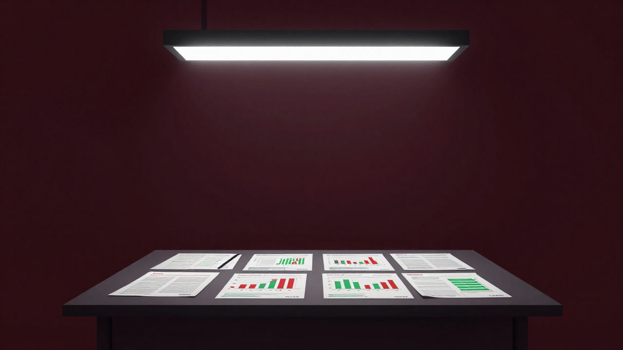 A barren desk lined with test reports and red and green bars glowing impersonally