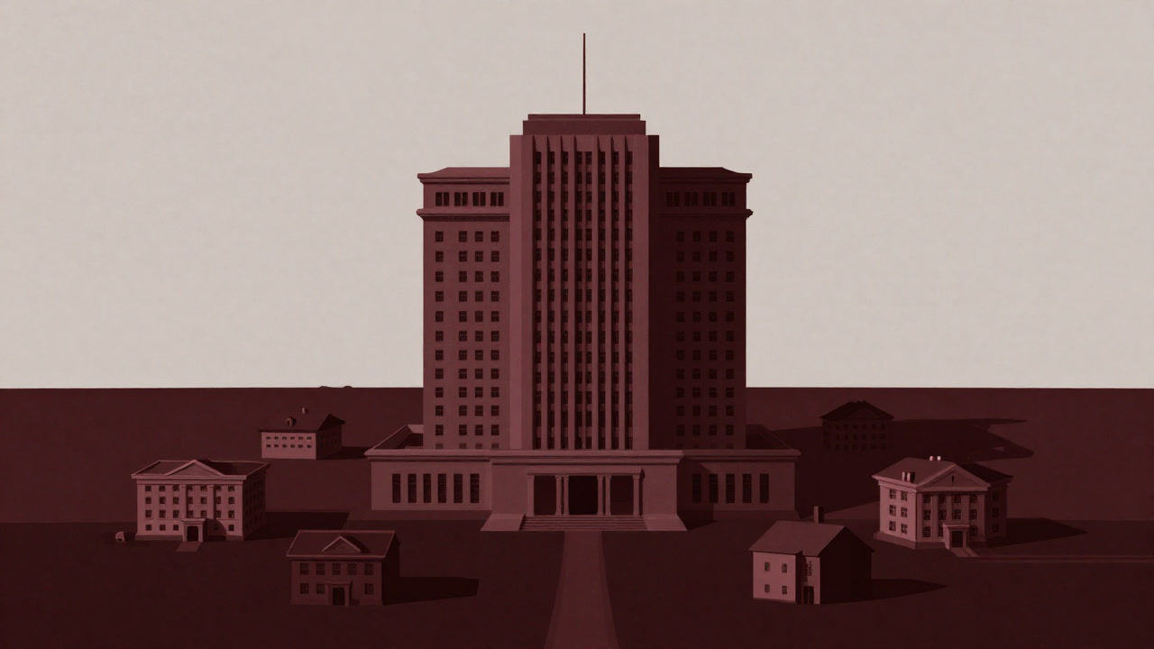 An illustration of a towering central government HQ overshadowing a small town hall shrouded in shadow