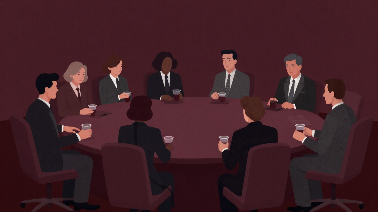 高級ホテルの会議室でプラスチックカップを手に議論に興じる国連環境計画の代表たちの画像