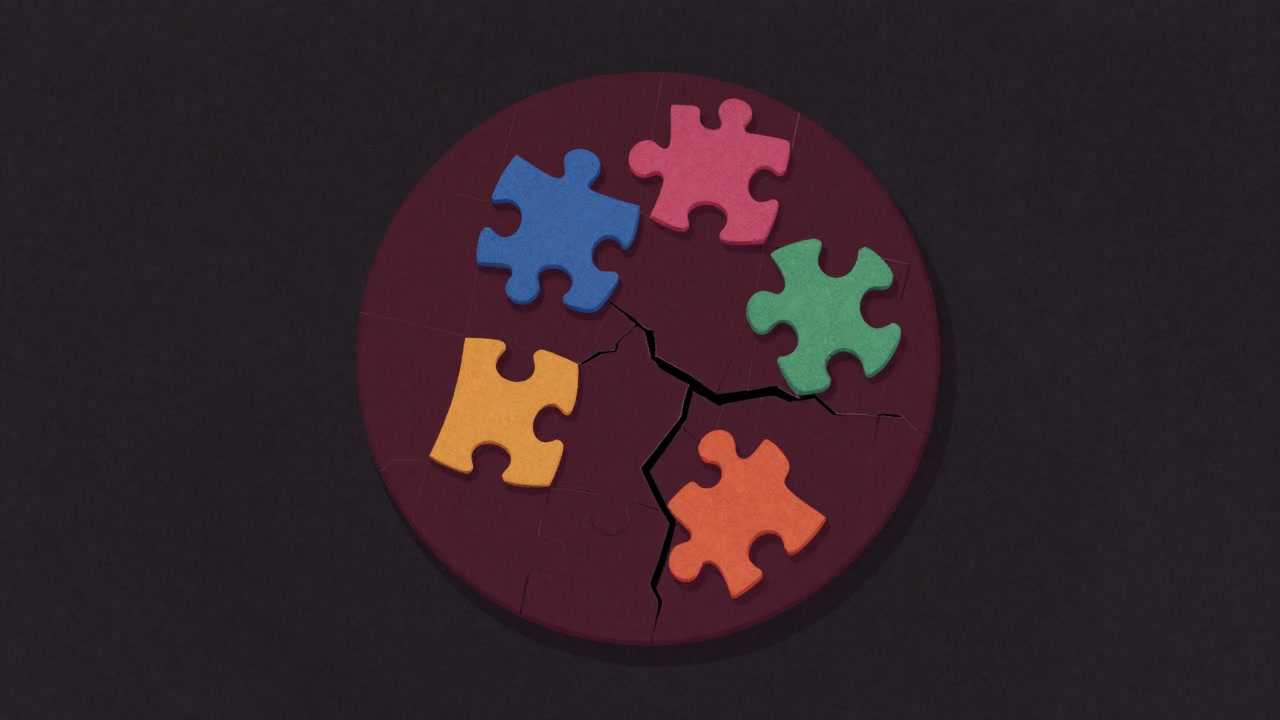 Illustration of diverse puzzle pieces forcefully glued into a distorted large circle