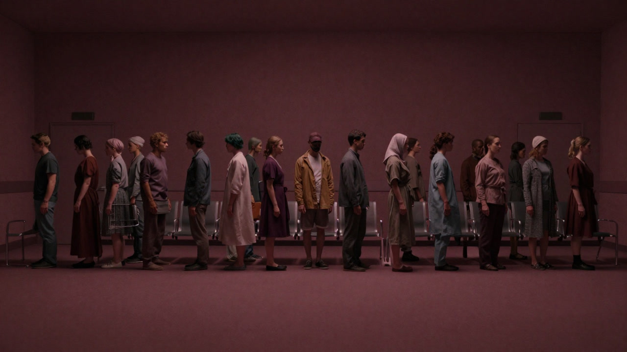 A long queue of patients waiting in a hospital lobby